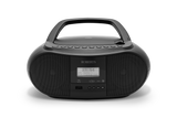 A black Roberts Zoombox 4 portable boombox with a digital display, buttons for various functions like tuning and volume, and a carrying handle.